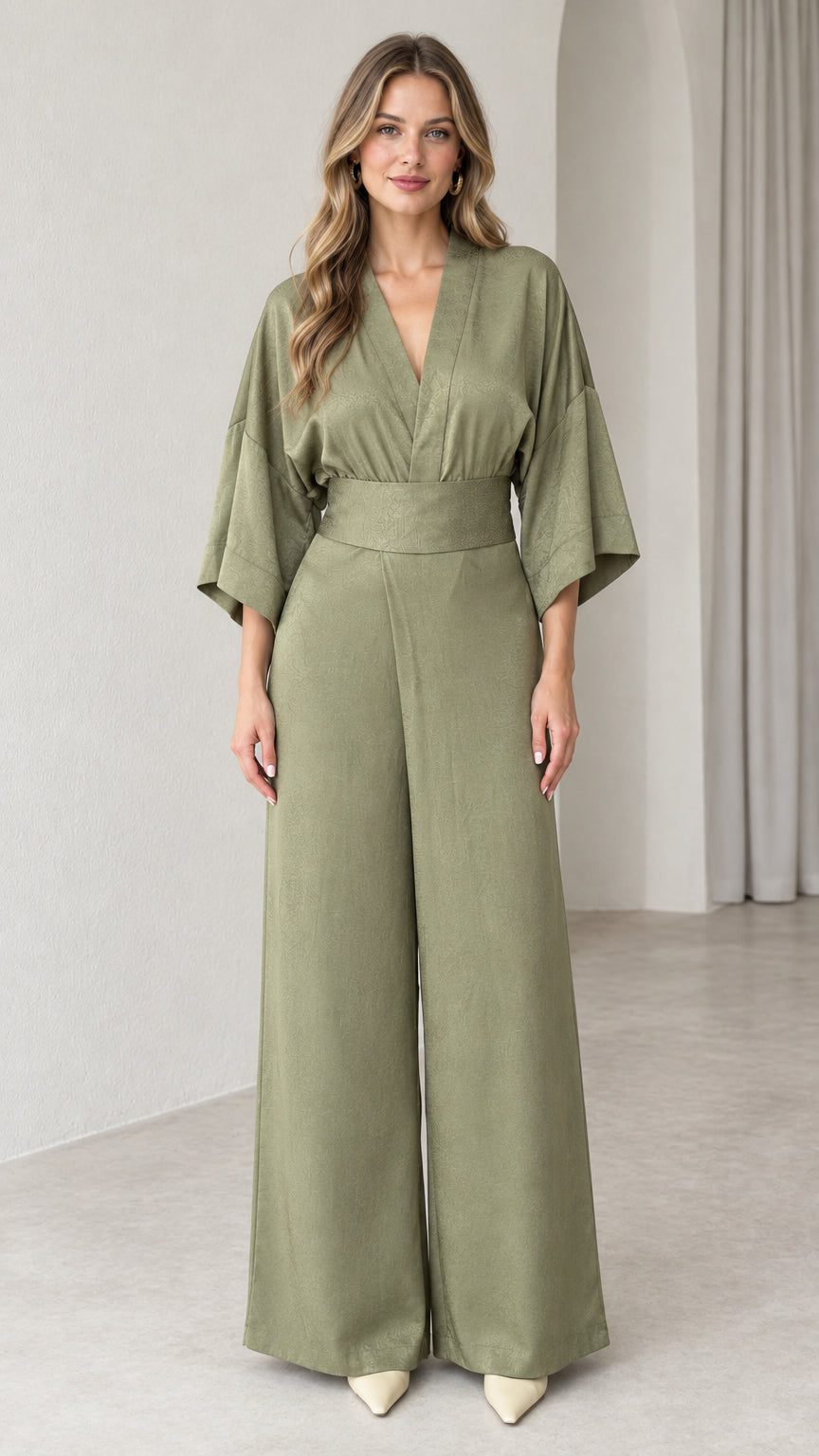 Front view of model wearing Sage Green kimono sleeve wide leg jumpsuit