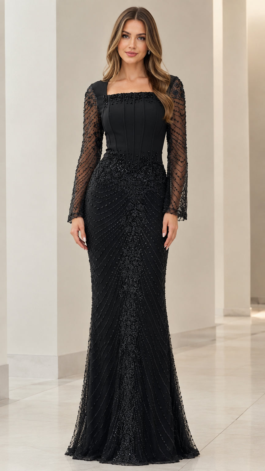 Front view of black square neck beaded corset evening gown with long sleeves