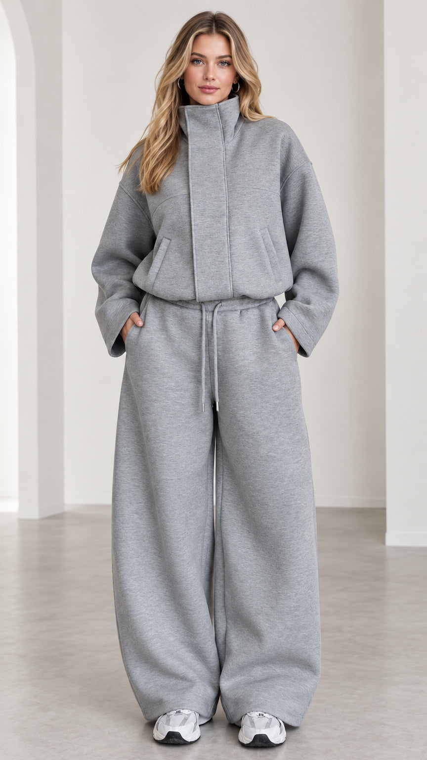 Full front view of women's heather gray funnel neck sweatshirt and wide leg pants 2-piece set