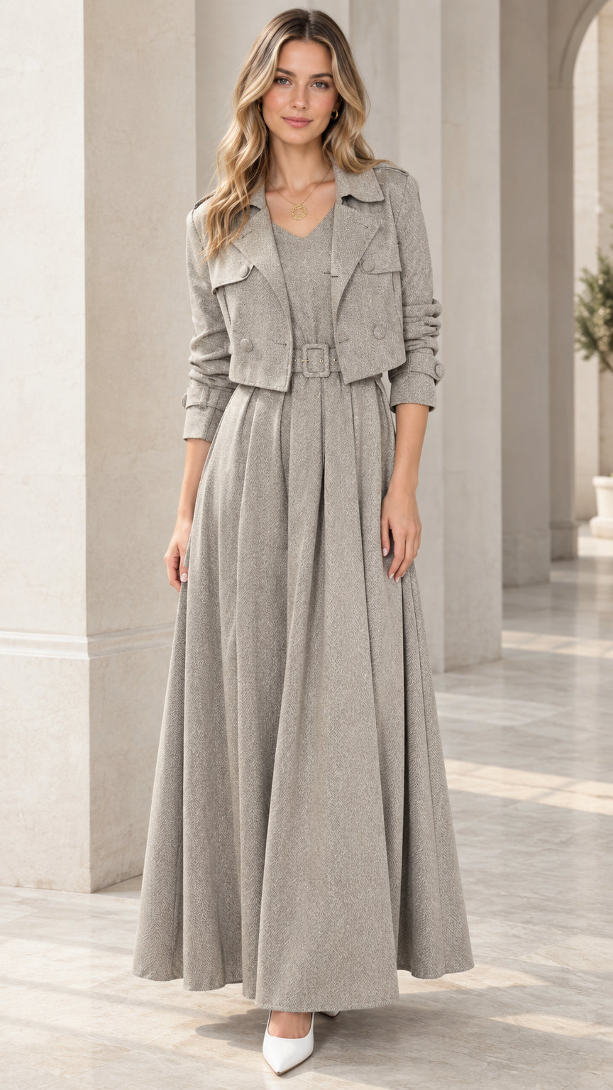 Full front view of model wearing Heather Grey cropped jacket and pleated maxi dress set