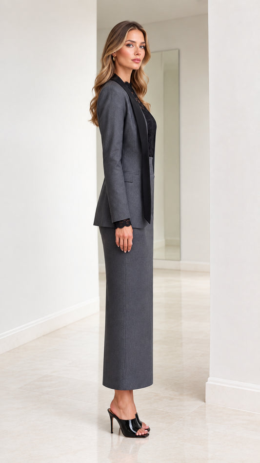 Side profile view of woman modeling charcoal grey tailored skirt suit with lace accents
