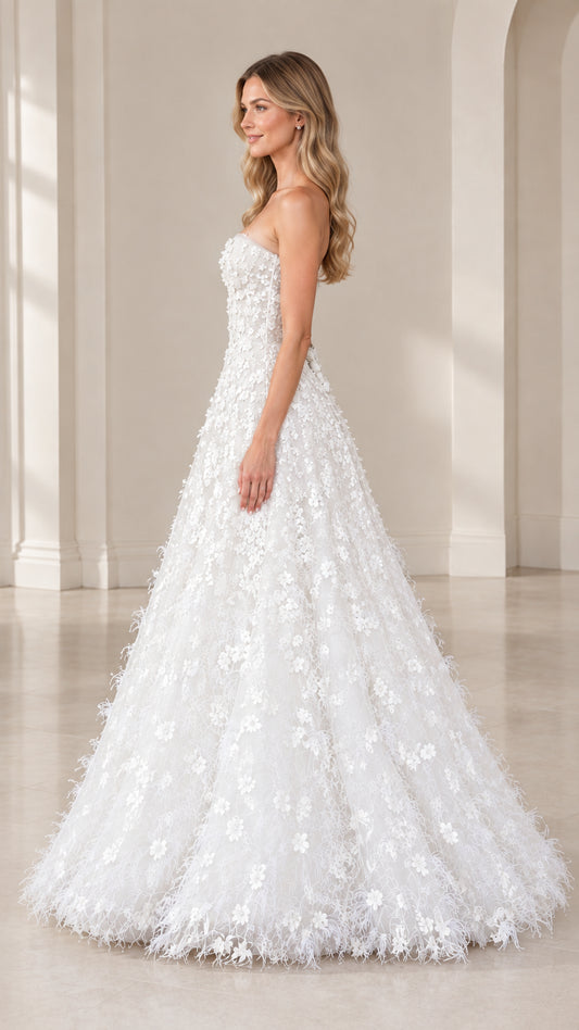 Side profile view of strapless white 3D floral evening dress
