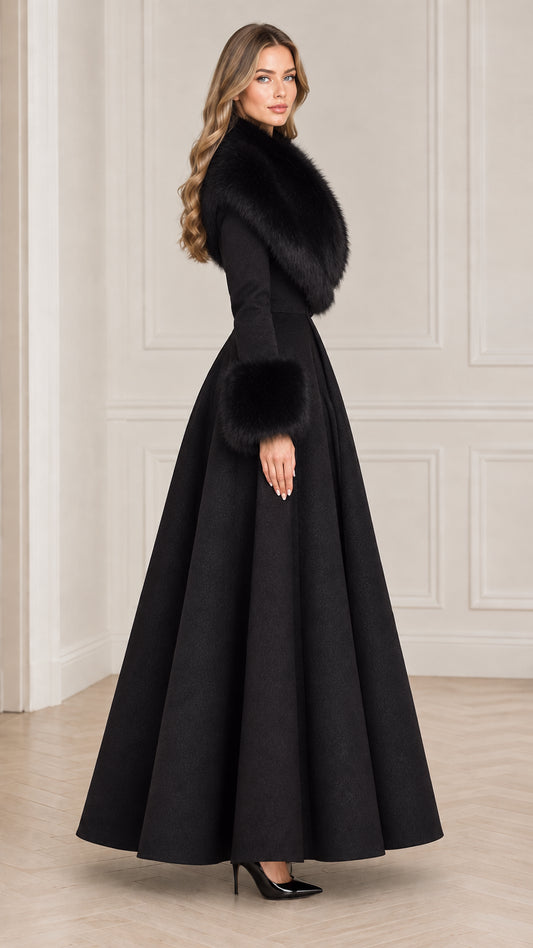 Side profile view of elegant black fit and flare maxi coat with fur trim