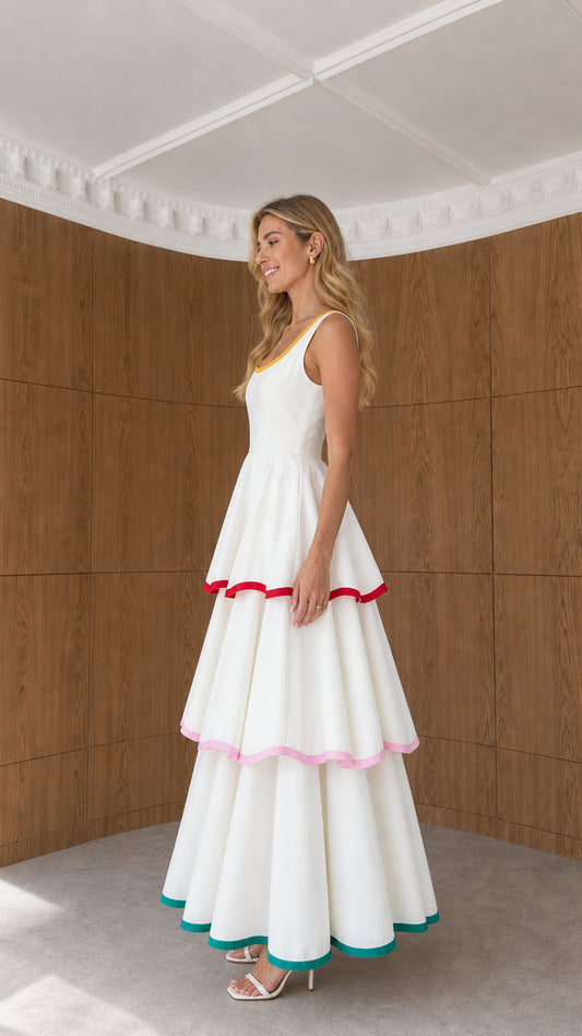 Side-angle view of model in white contrast trim tiered maxi dress