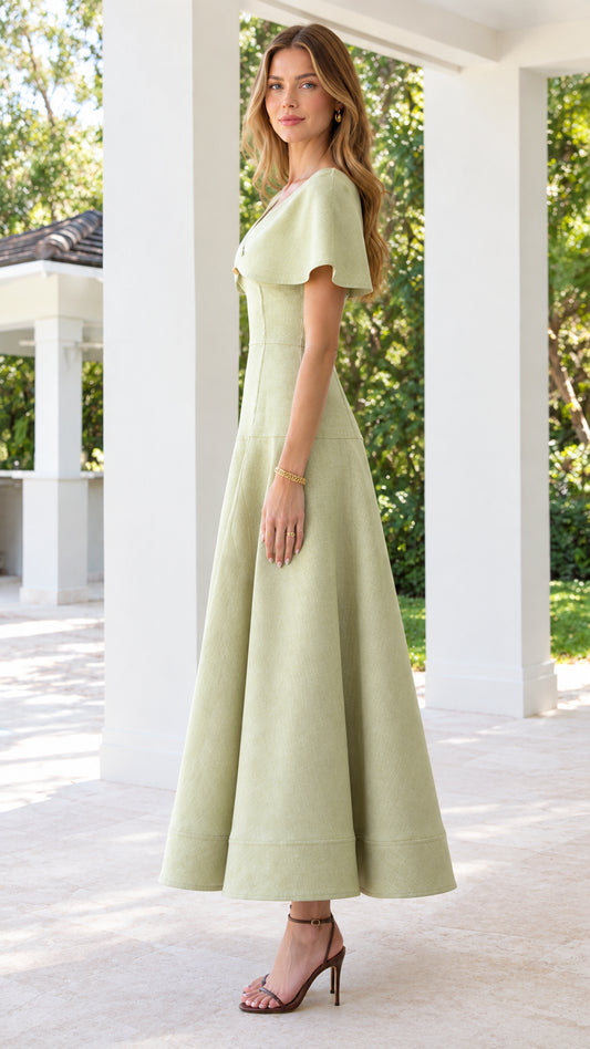 Side profile view of sage green cape collar flared midi dress