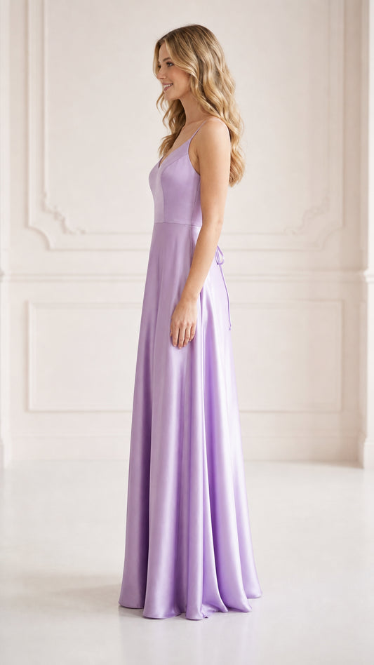 Side profile of model wearing lilac floor-length satin formal dress
