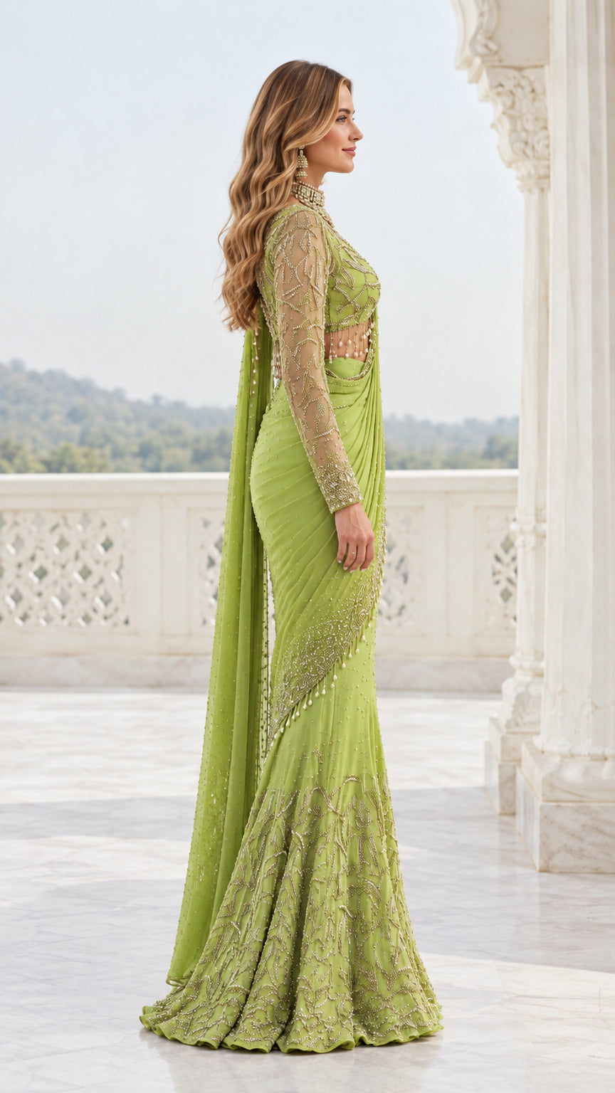 Side profile view of model wearing lime green embroidered saree gown showing fluted hem