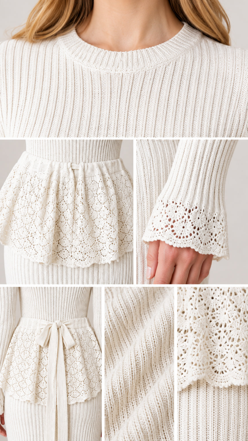 Close-up details of ribbed texture, neckline, lace peplum waist, and lace cuffs