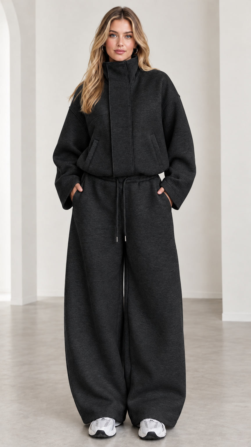 Women's charcoal black funnel neck wide leg sweatshirt and pants lounge set