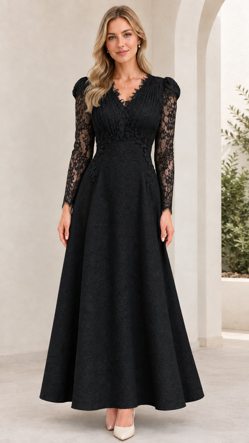 Black lace long sleeve V-neck formal evening maxi dress