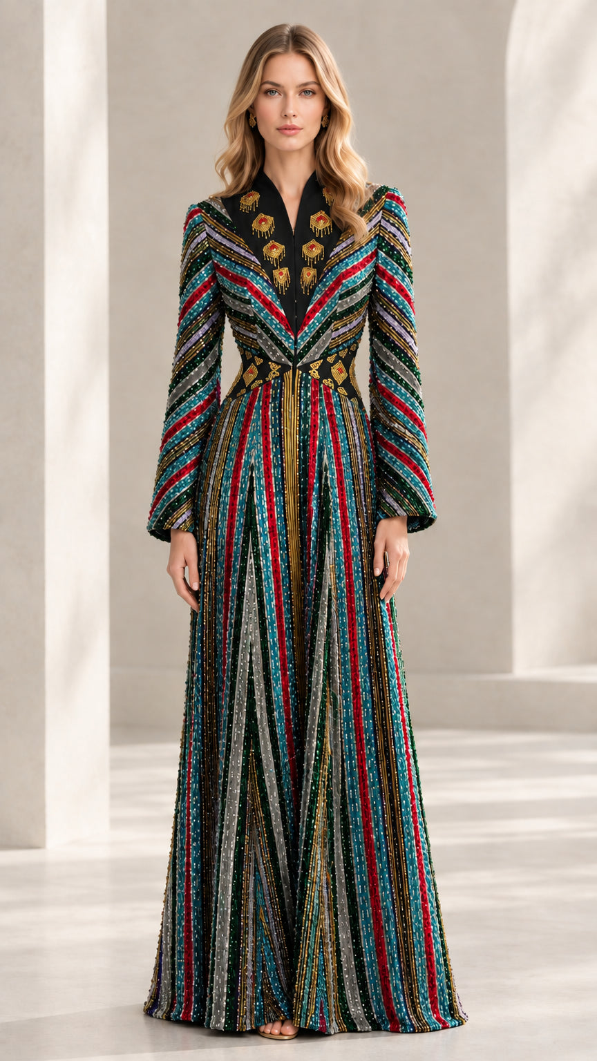 Model wearing Black embellished striped kaftan maxi dress