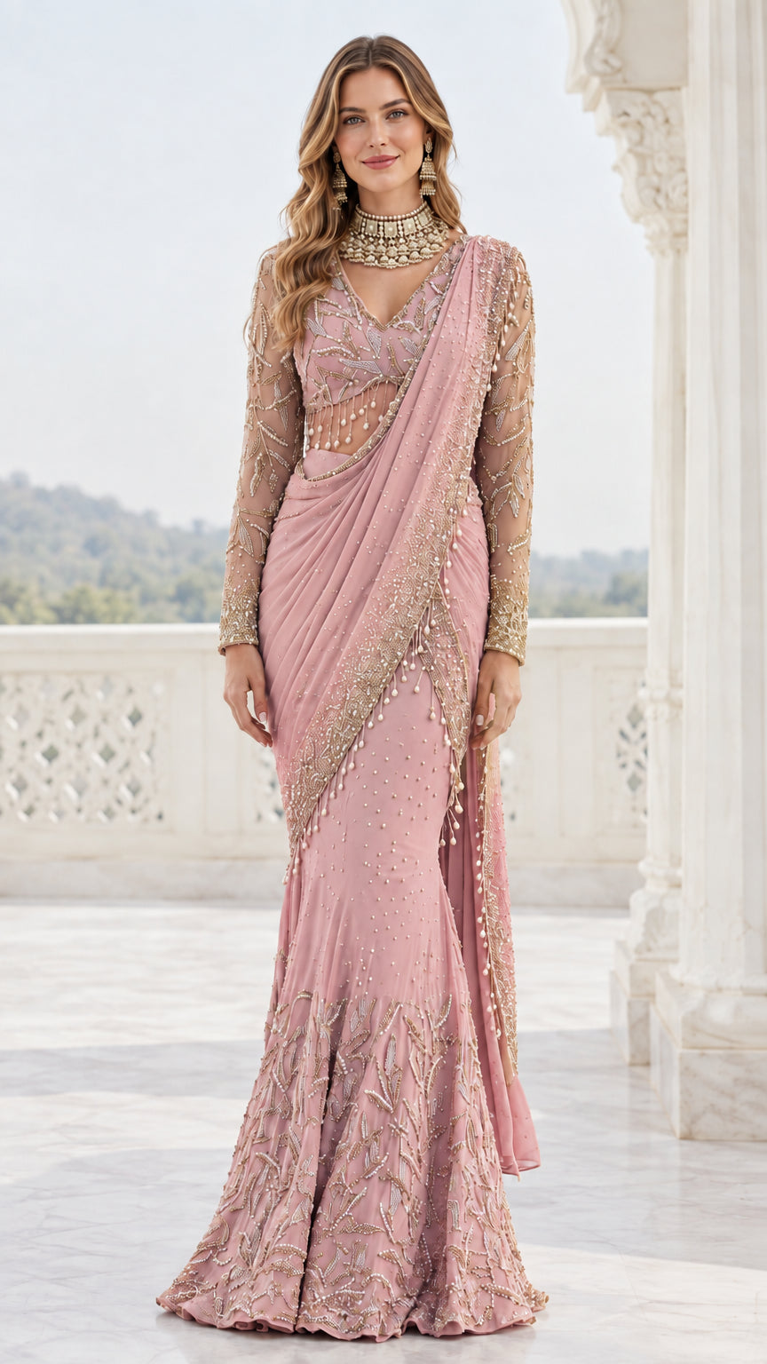 Front full-length view of dusty pink embroidered pre-draped saree gown with mermaid skirt