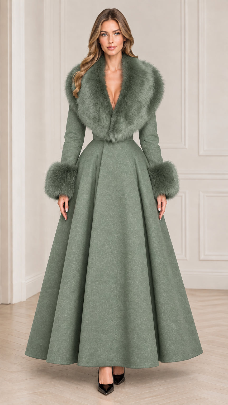 Model wearing sage green full length winter coat with faux fur collar