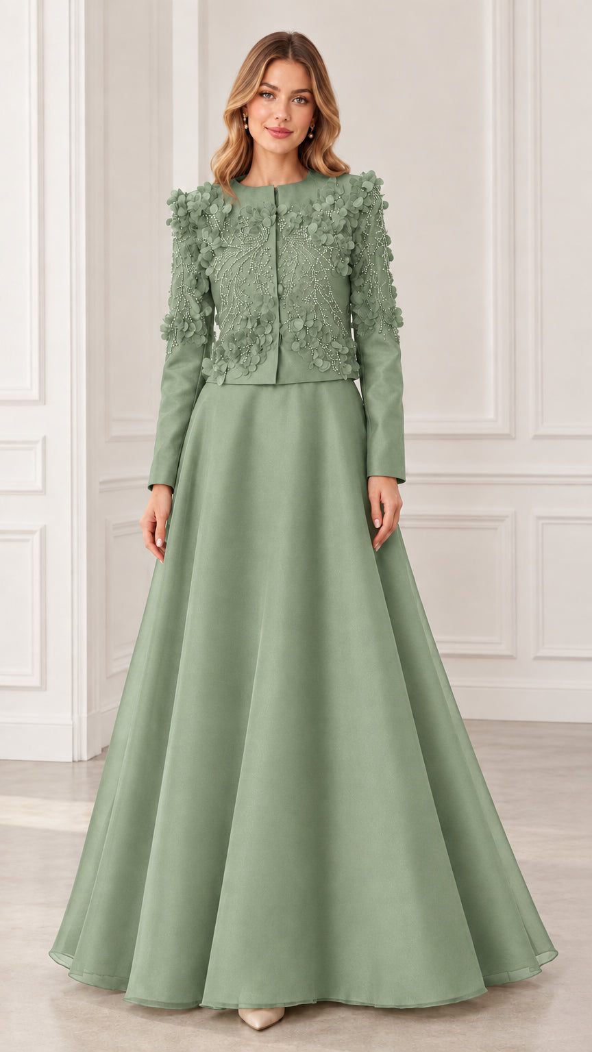 Sage green beaded 3D floral long sleeve maxi dress