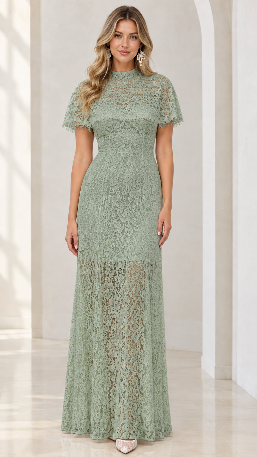 Sage green lace mock neck formal maxi dress front view