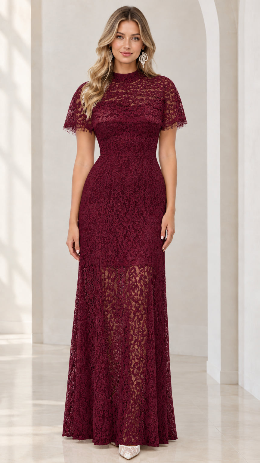 Burgundy red floral lace flutter sleeve maxi gown front view