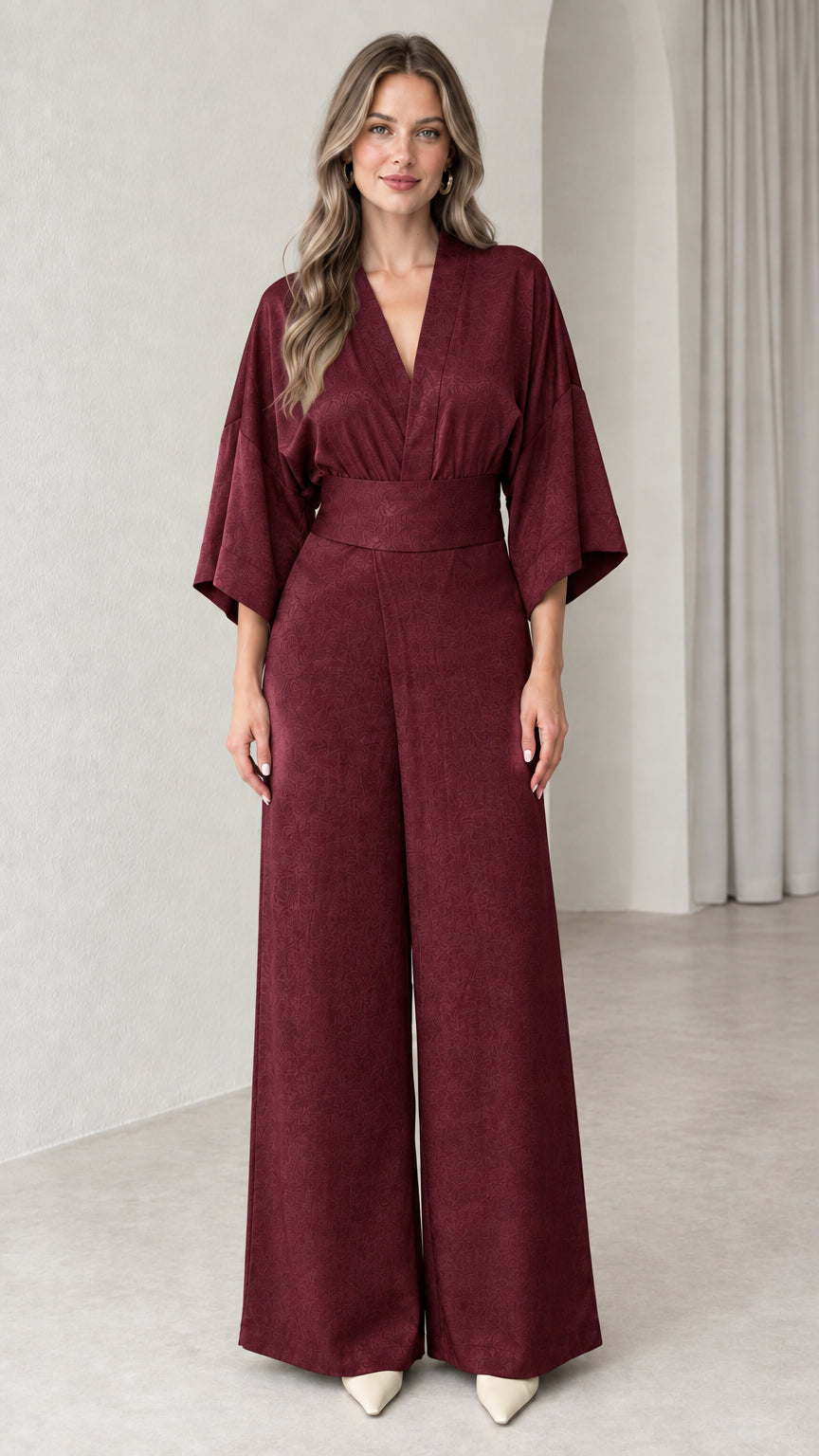 Front view of model wearing Burgundy wine kimono sleeve wide leg jumpsuit