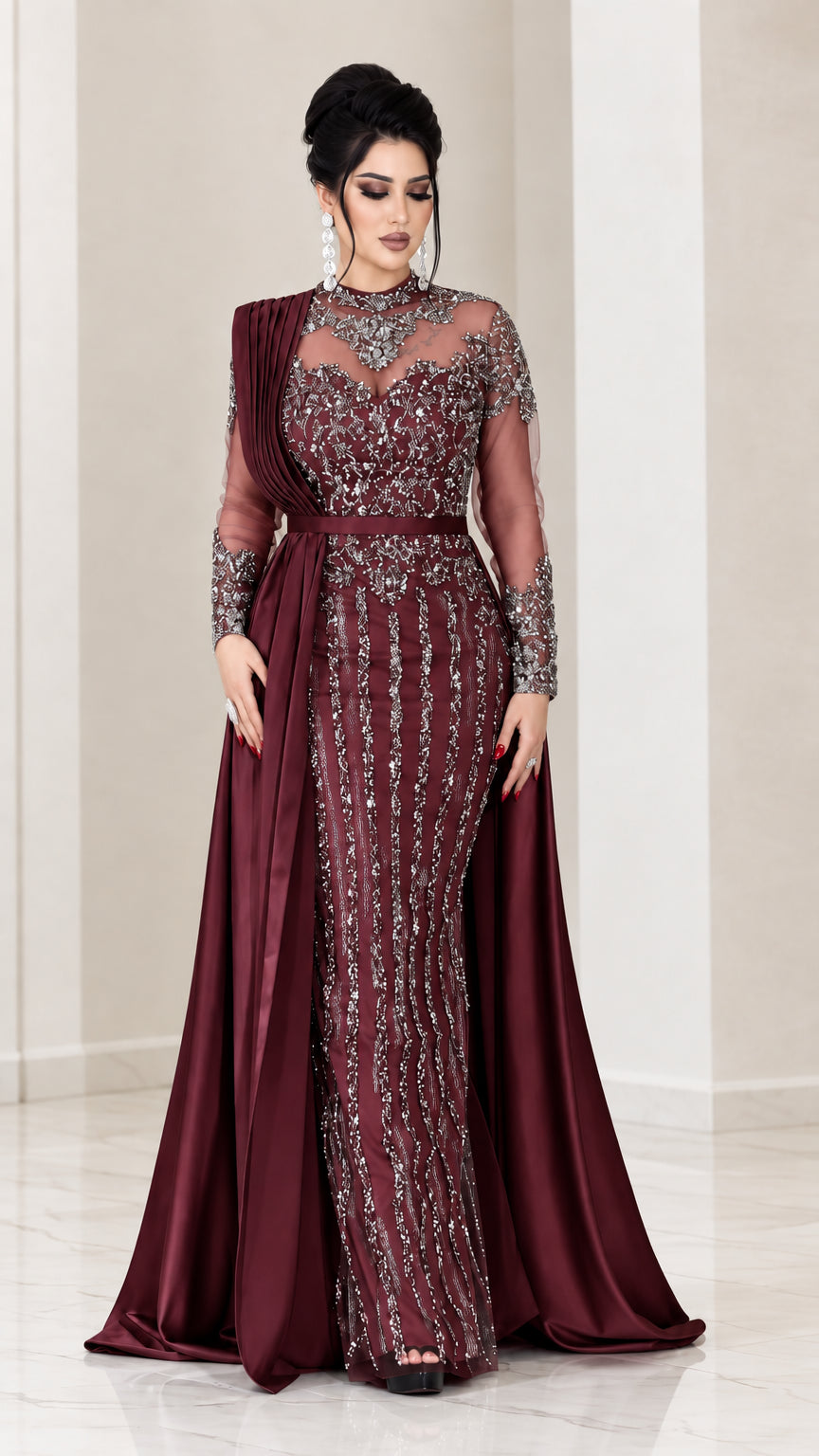 Burgundy wine red beaded illusion column gown with matching satin drape