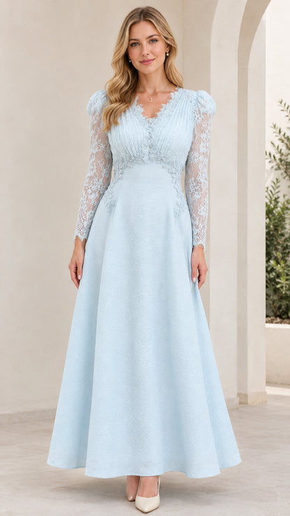 Light Blue lace long sleeve V-neck evening maxi dress front view