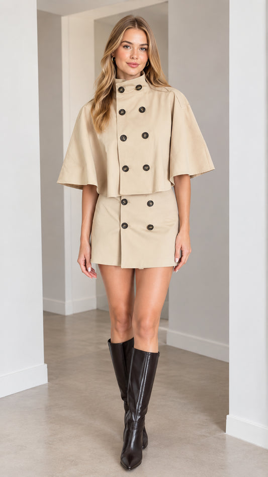 Front view of model wearing beige double-breasted cape top and matching mini skirt set with knee-high black boots