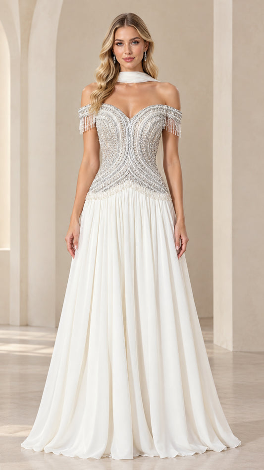 White off-shoulder beaded corset evening gown with flowing A-line skirt front view