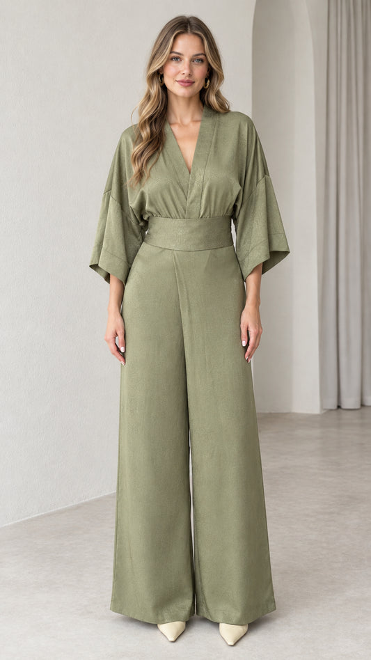 Front view of model wearing Sage Green kimono sleeve wide leg jumpsuit