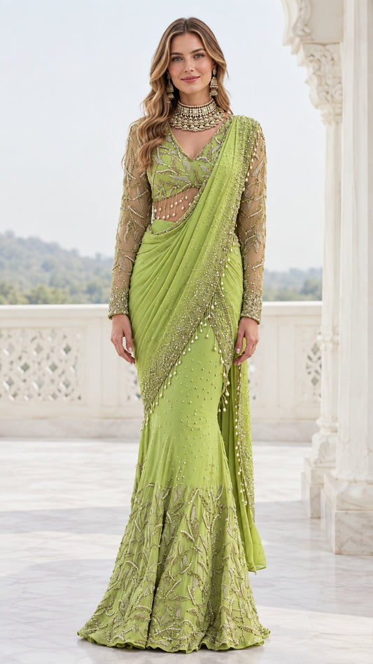 Front full-length view of model in lime green pre-draped saree gown with embroidered sheer blouse