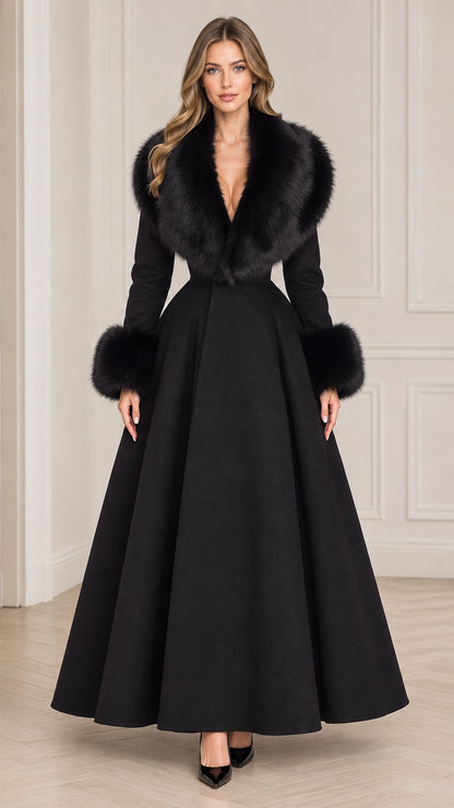 Model wearing long black faux fur collar maxi coat front view