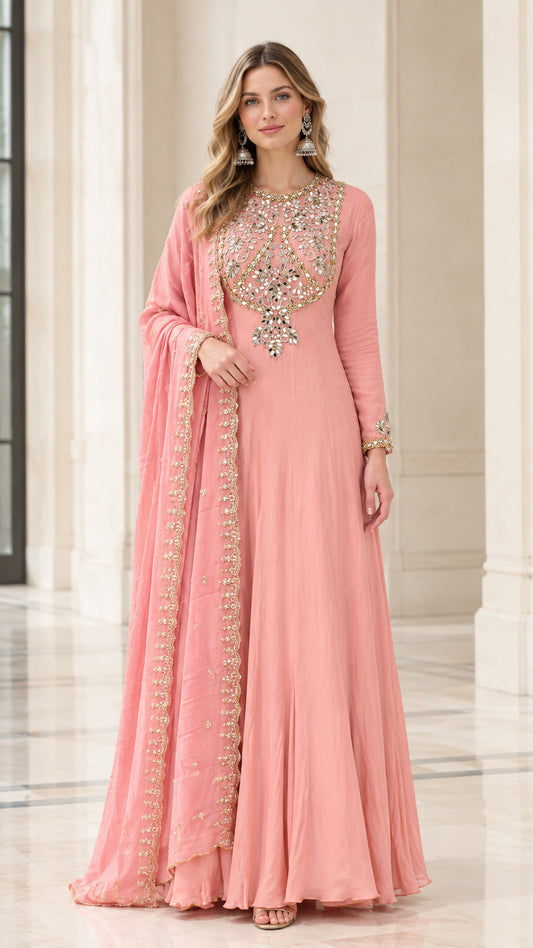 Front full-length view of model wearing Blush Pink embroidered Anarkali gown with matching dupatta