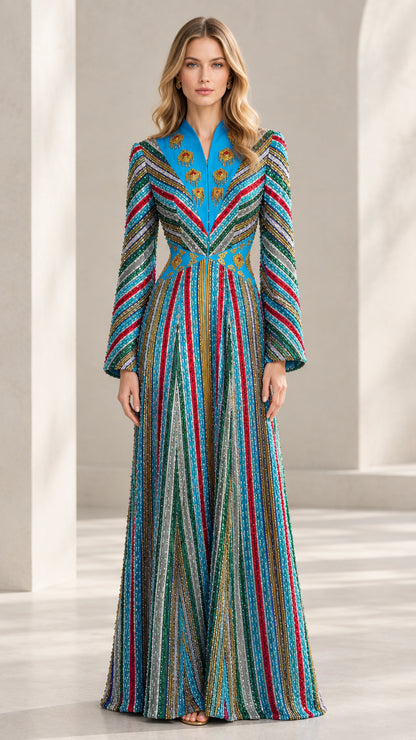 Front view of model wearing Turquoise Blue embellished striped kaftan maxi dress
