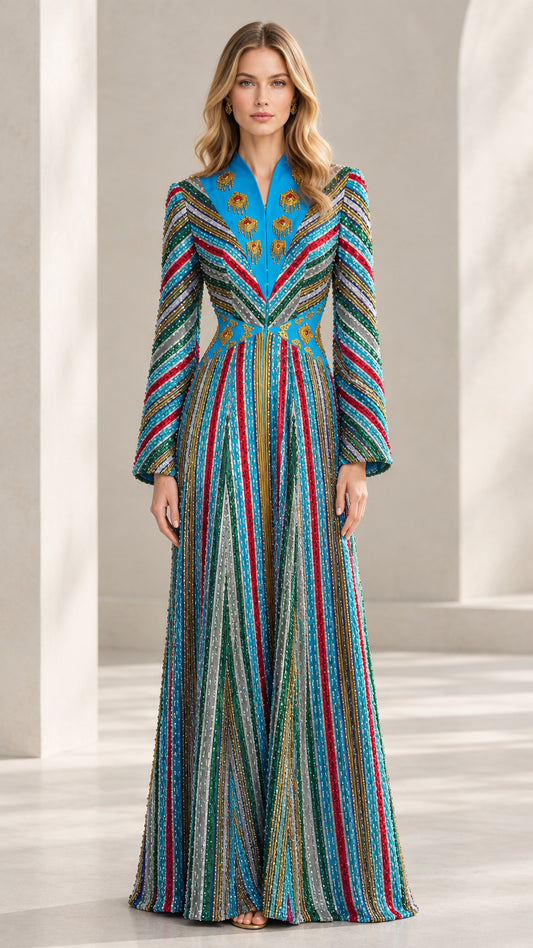 Front view of model wearing Turquoise Blue embellished striped kaftan maxi dress