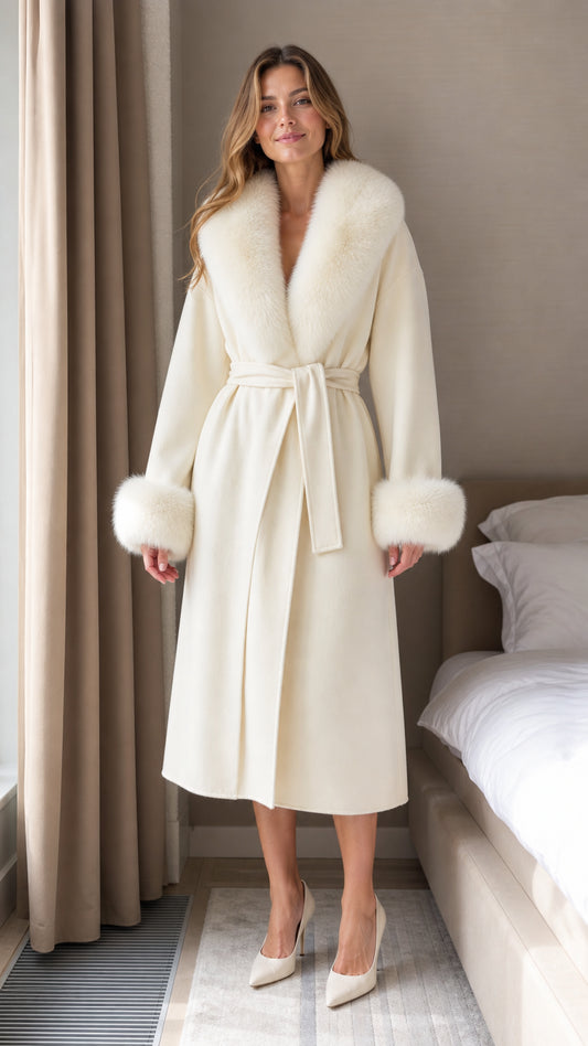 Front view of woman wearing Cream belted long wrap coat with plush fur collar and cuffs