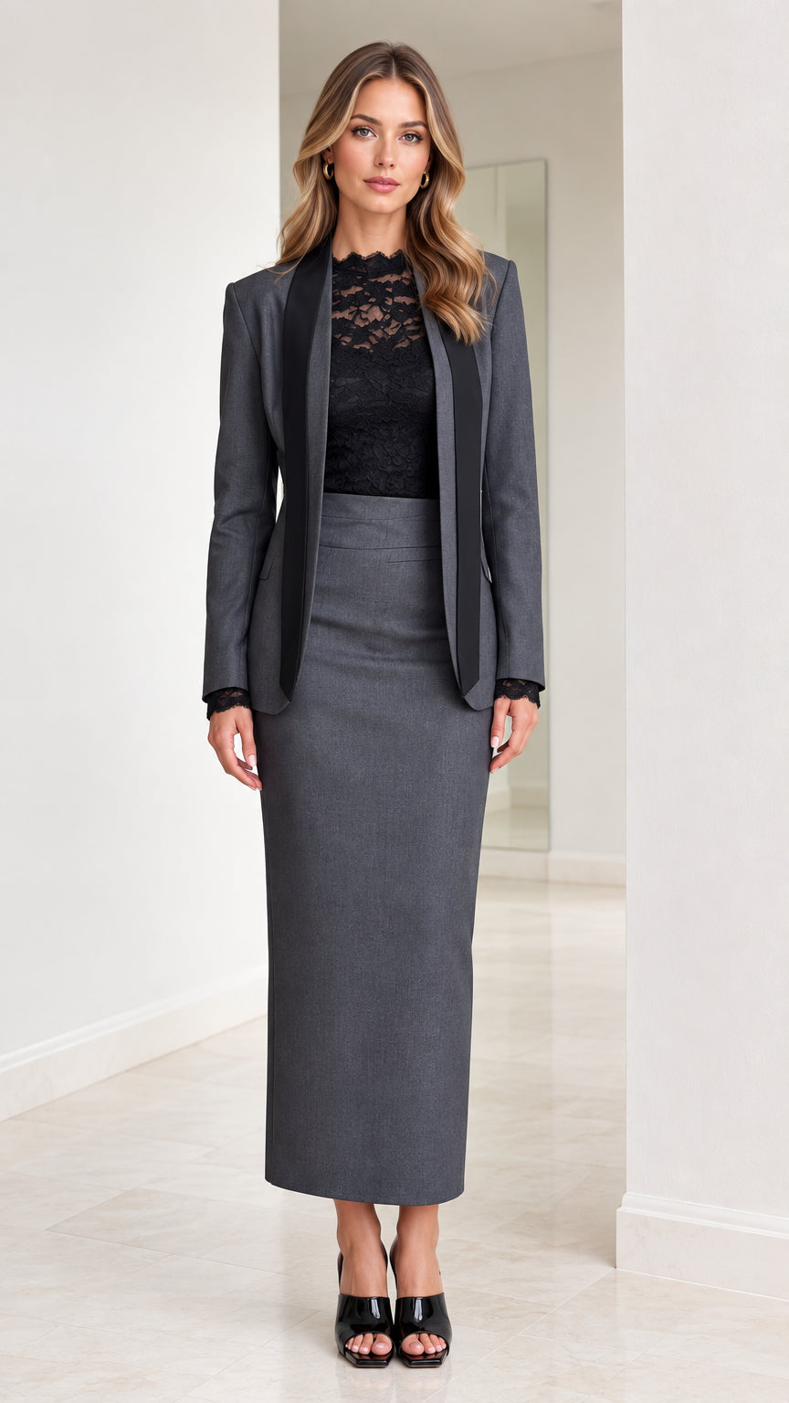 Front full-length view of woman wearing charcoal grey tailored blazer and maxi skirt suit with black lapel trim