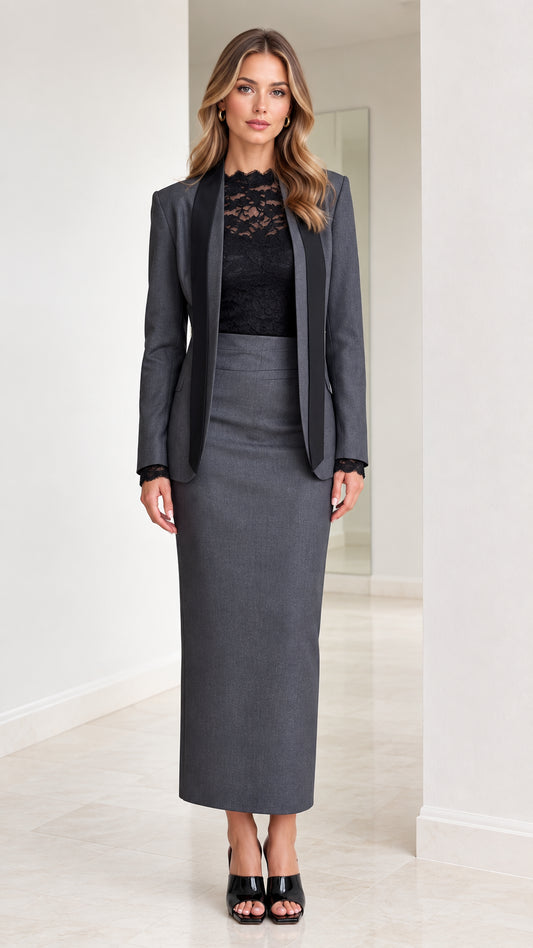 Front full-length view of woman wearing charcoal grey tailored blazer and maxi skirt suit with black lapel trim
