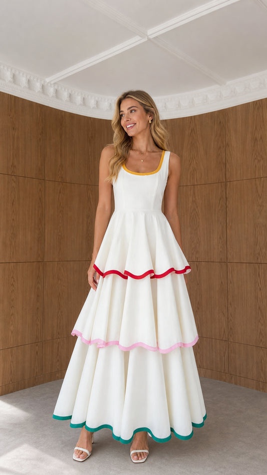 Front view of model wearing white sleeveless tiered maxi dress with colorful ribbon trims