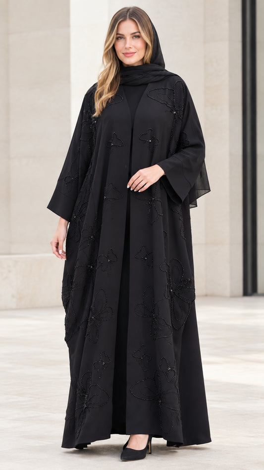 Front full-length view of black beaded butterfly abaya set with matching hijab
