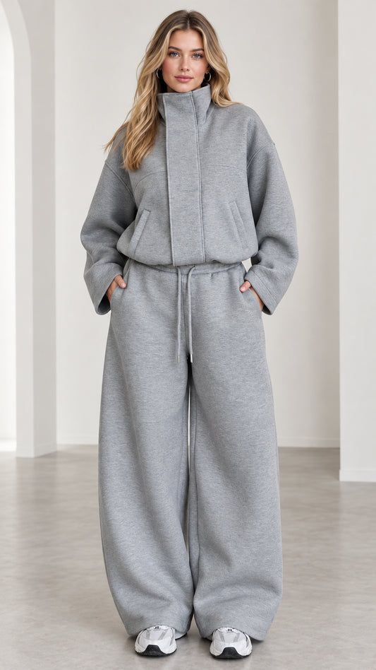 Full front view of women's heather gray funnel neck sweatshirt and wide leg pants 2-piece set