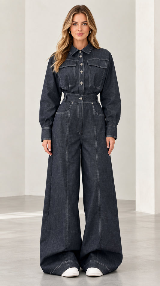 Full front view of model wearing dark blue long sleeve wide leg denim jumpsuit with contrast stitching and belt