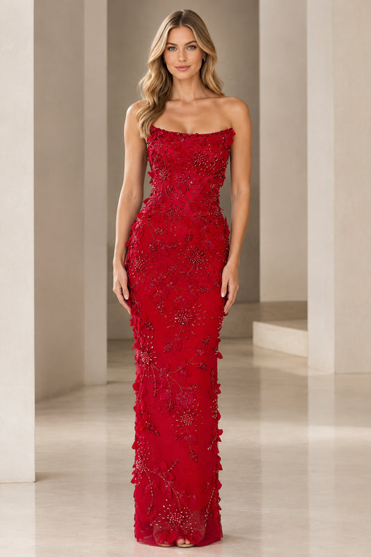 Model wearing red strapless 3D floral beaded column evening gown front view