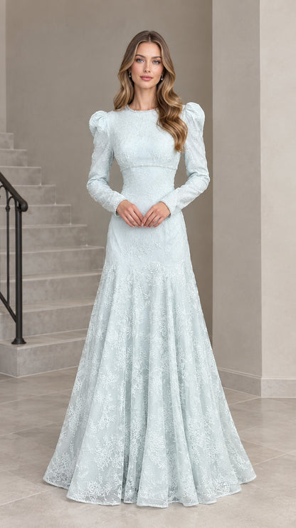 Ice blue long sleeve lace evening gown with beaded neckline and flared skirt front view
