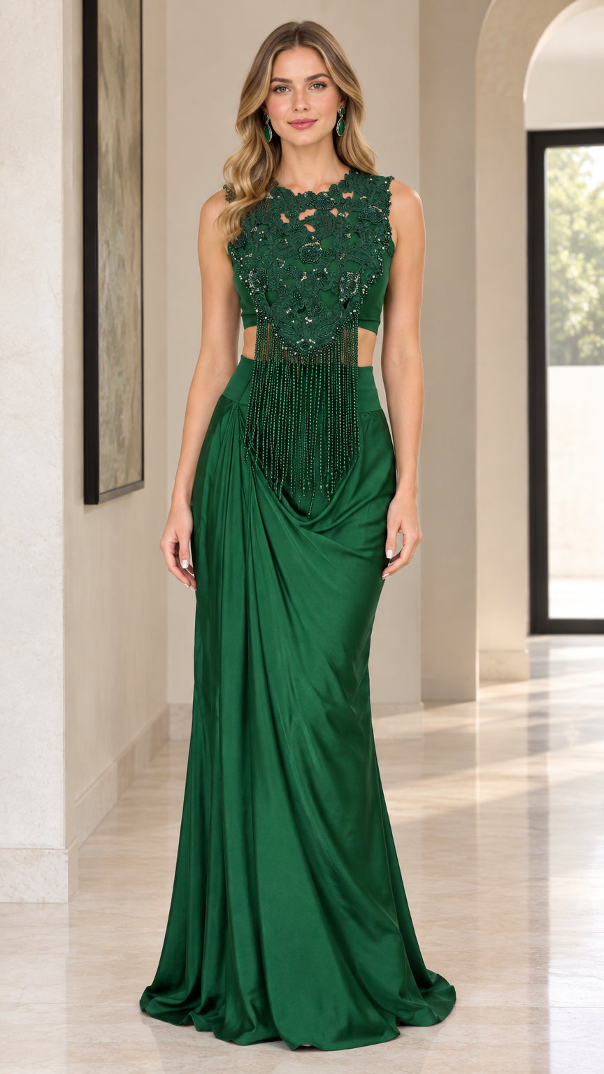 Front full-length view of model wearing Emerald Green beaded fringe satin maxi dress