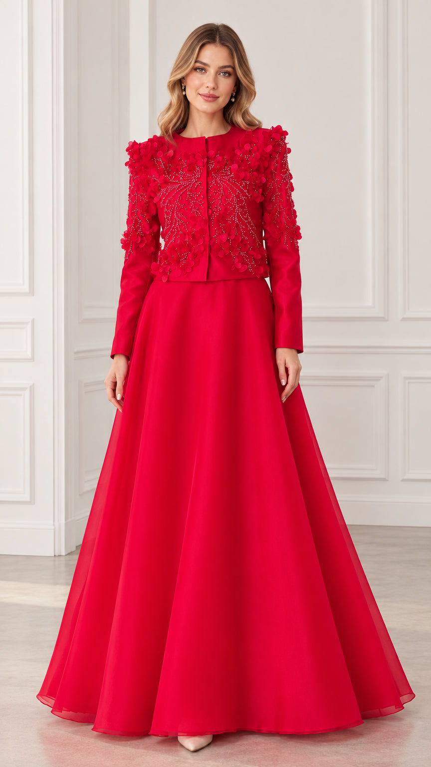 Red 3D floral applique long sleeve evening gown set front view
