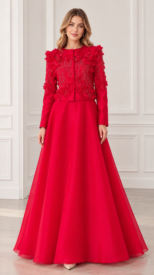 Red 3D floral applique long sleeve evening gown set front view