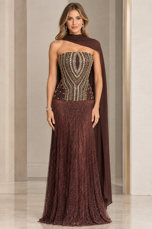 Strapless beaded corset evening gown in chocolate brown with back cape scarf front view