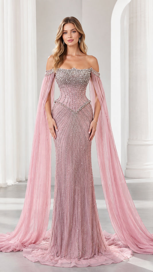 Full front view of dusty rose off-the-shoulder beaded evening gown with draped cape sleeves