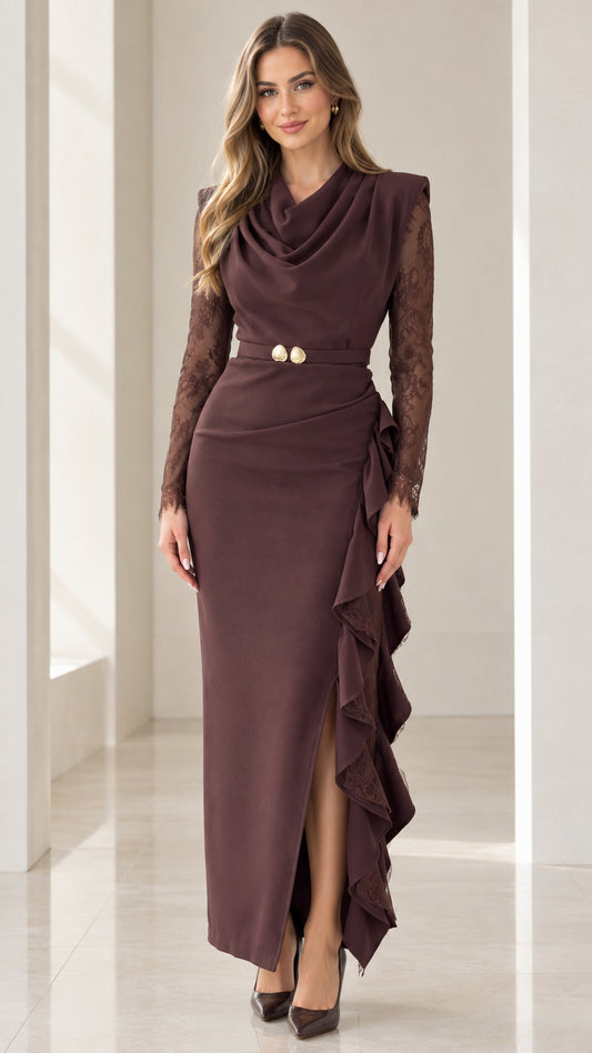Front view of model wearing Chocolate Brown cowl neck lace sleeve maxi gown with side ruffle slit