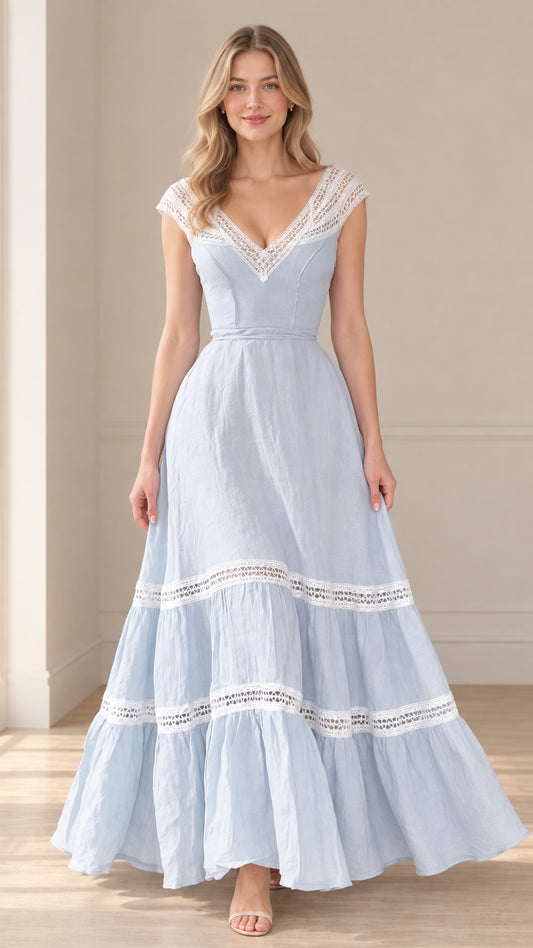 Front view of model wearing light blue lace trim tiered maxi dress