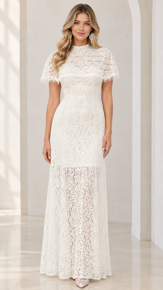 Front view of woman wearing ivory floral lace mock neck maxi dress with flutter sleeves