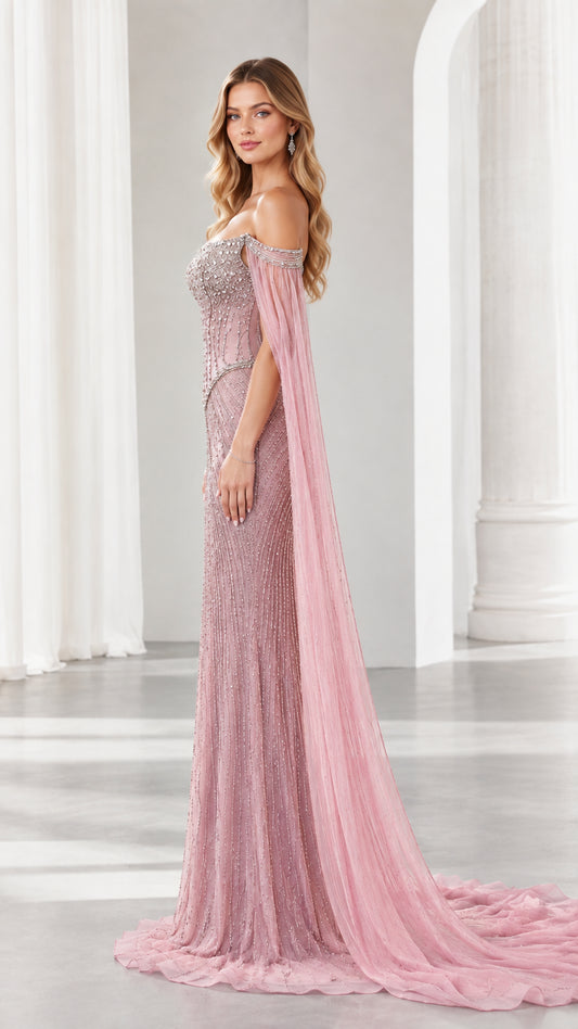 Side profile of dusty rose embellished floor-length formal gown with flowing train