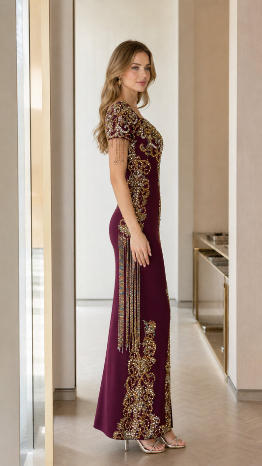 Side profile view of burgundy beaded maxi dress showcasing fitted silhouette and sleeve fringe